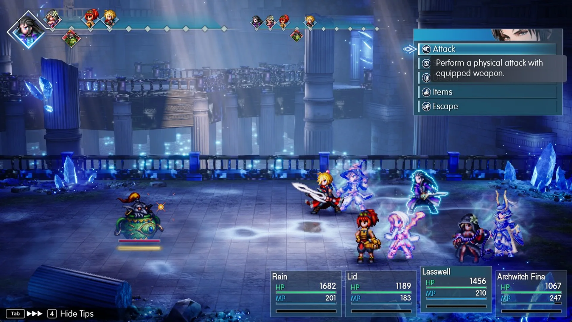 Battle against the Viridian Pot with the party's command menu open