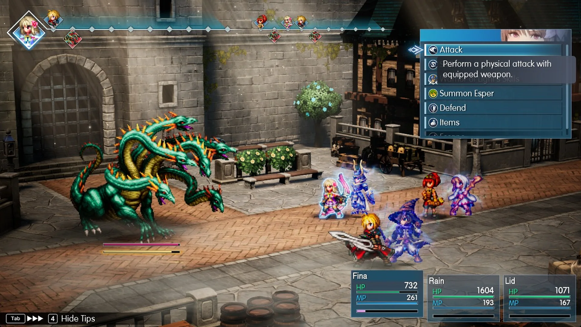 Fina's battle menu with Summon Esper against the Water Dragon