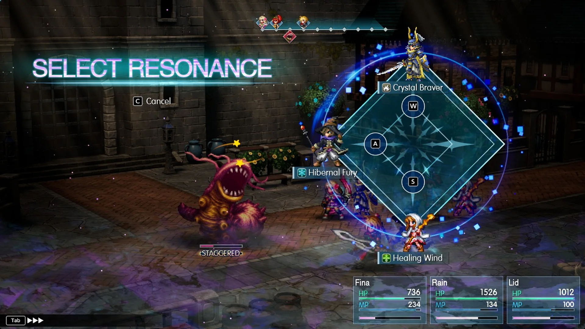 Select Resonance wheel with Crystal Braver, Hibernal Fury and Healing Wind