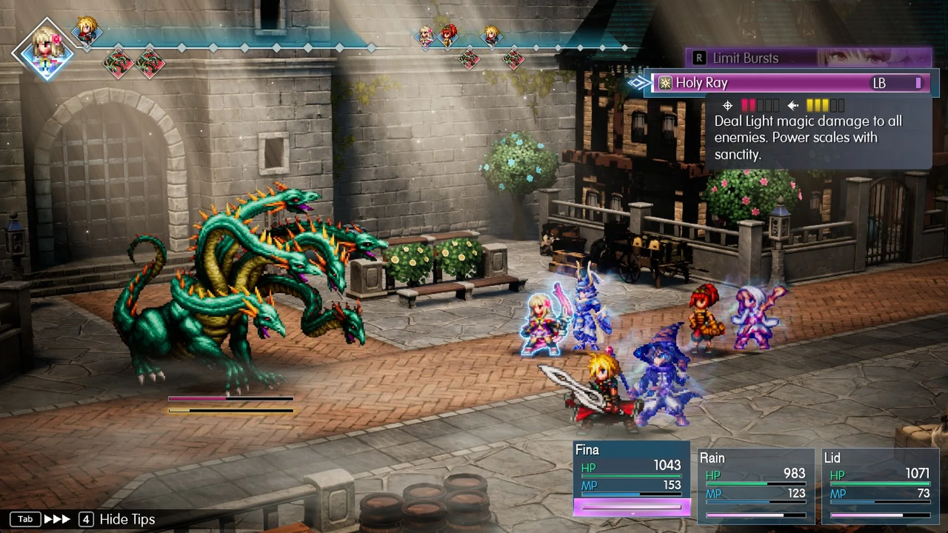 Fina's Limit Burst Holy Ray against the Water Dragon