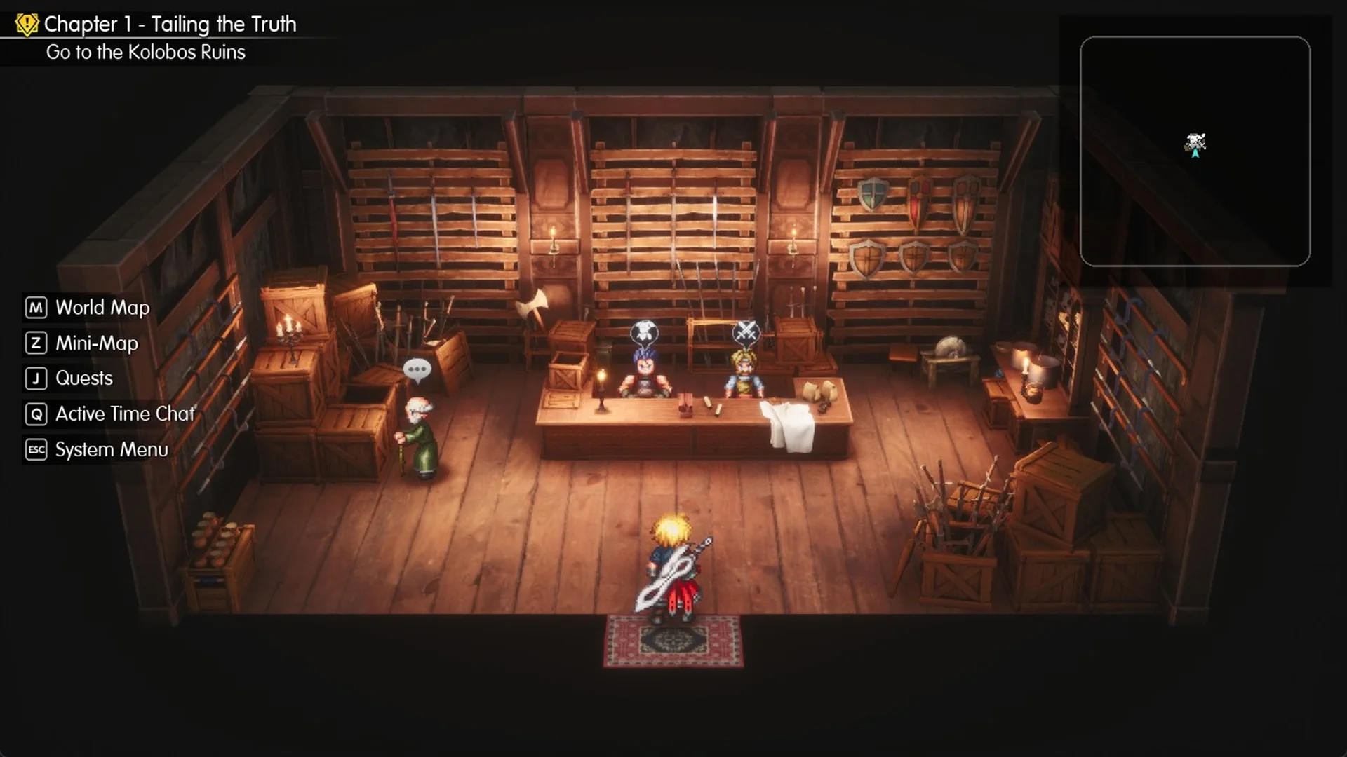 The Felicitas weapon and armor shop counter with two clerks