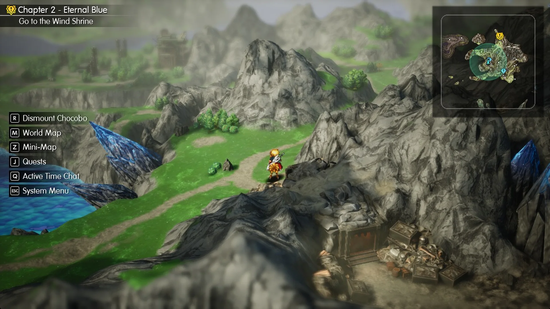 The World Map with R Dismount Chocobo listed in the field controls while riding toward the Wind Shrine