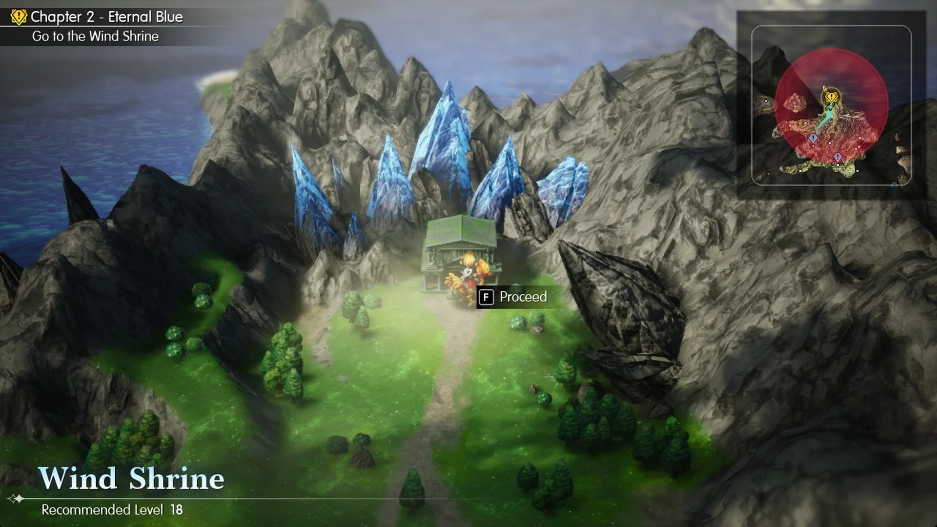 Wind Shrine door on the World Map with the Proceed prompt and Recommended Level 18