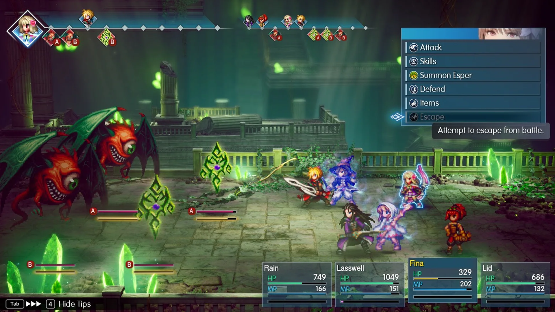 Battle command menu in the Wind Shrine with Escape greyed out and the tooltip Attempt to escape from battle