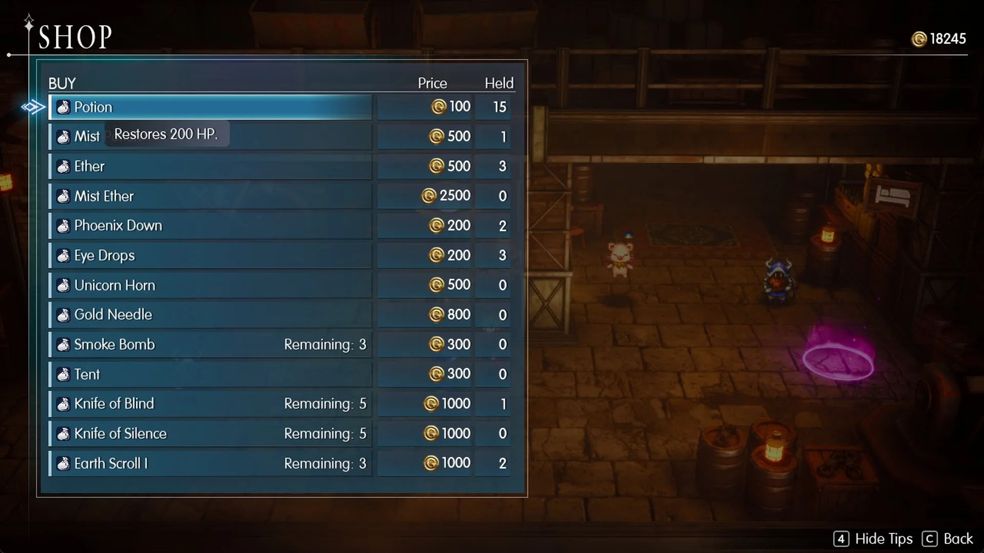 Dwarven Forge item shop buy list with Ether 500, Mist Ether 2500, Phoenix Down 200 and Tent 300 Gil