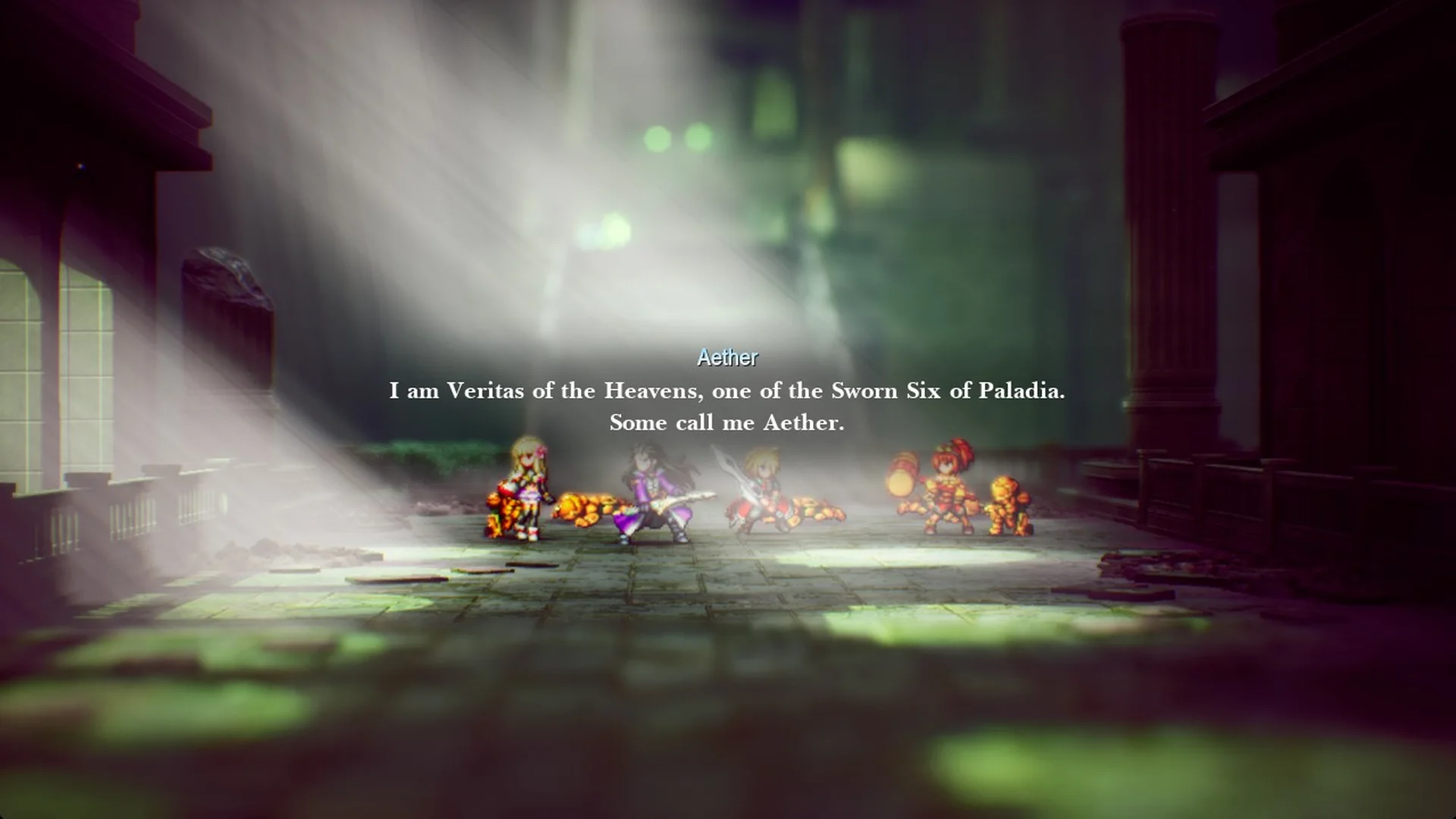 Aether's voice: I am Veritas of the Heavens, one of the Sworn Six of Paladia. Some call me Aether.