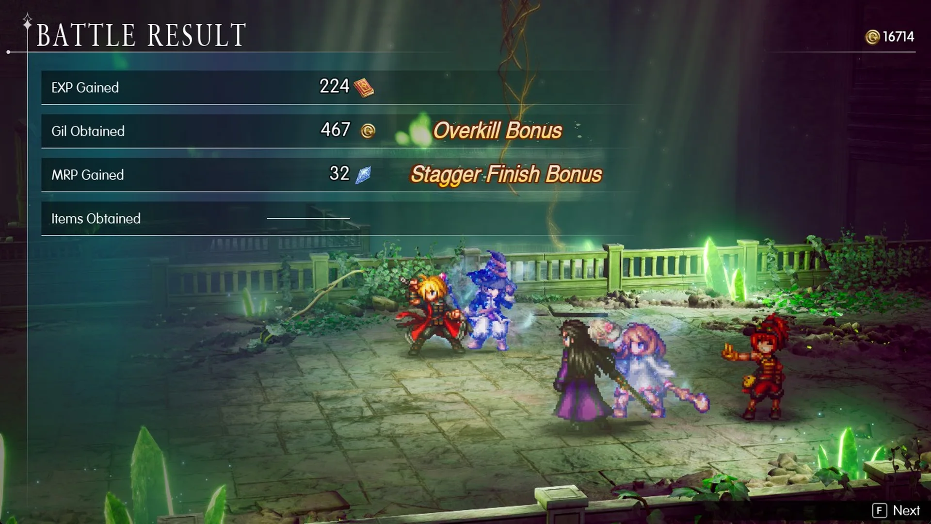 Battle Result in the Wind Shrine: 224 EXP, 467 Gil with Overkill Bonus, 32 MRP with Stagger Finish Bonus