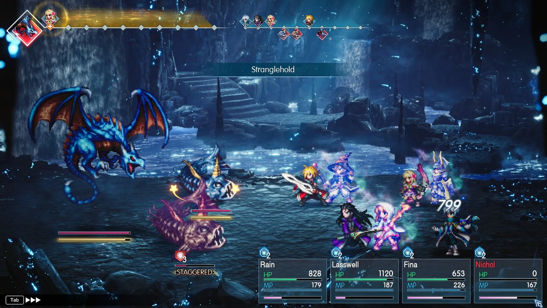 Stranglehold banner with 799 damage knocking out Nichol