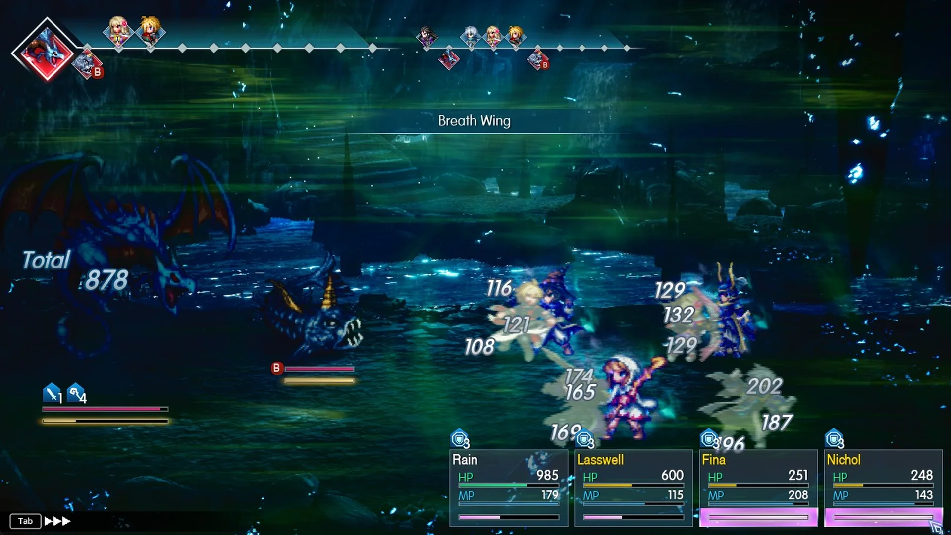Breath Wing banner with several hits on every party member