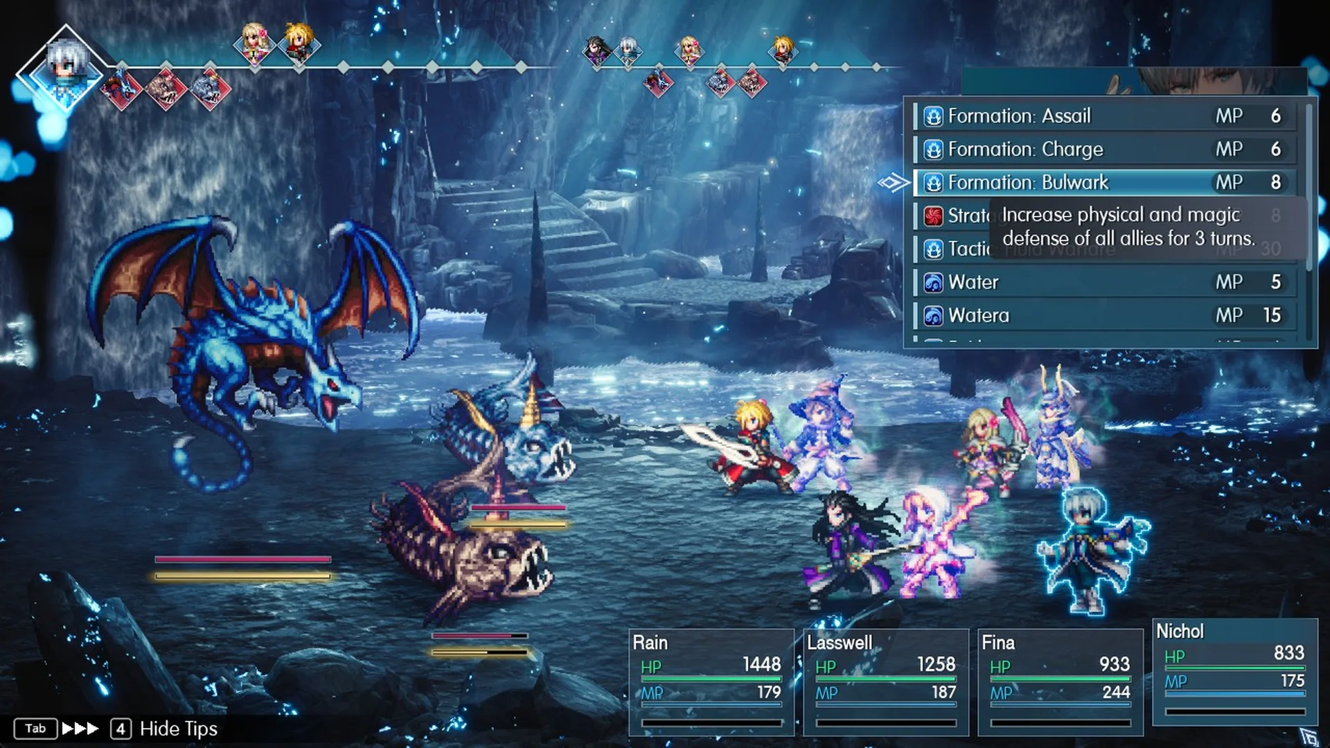 Formation: Bulwark, 8 MP, Increase physical and magic defense of all allies for 3 turns