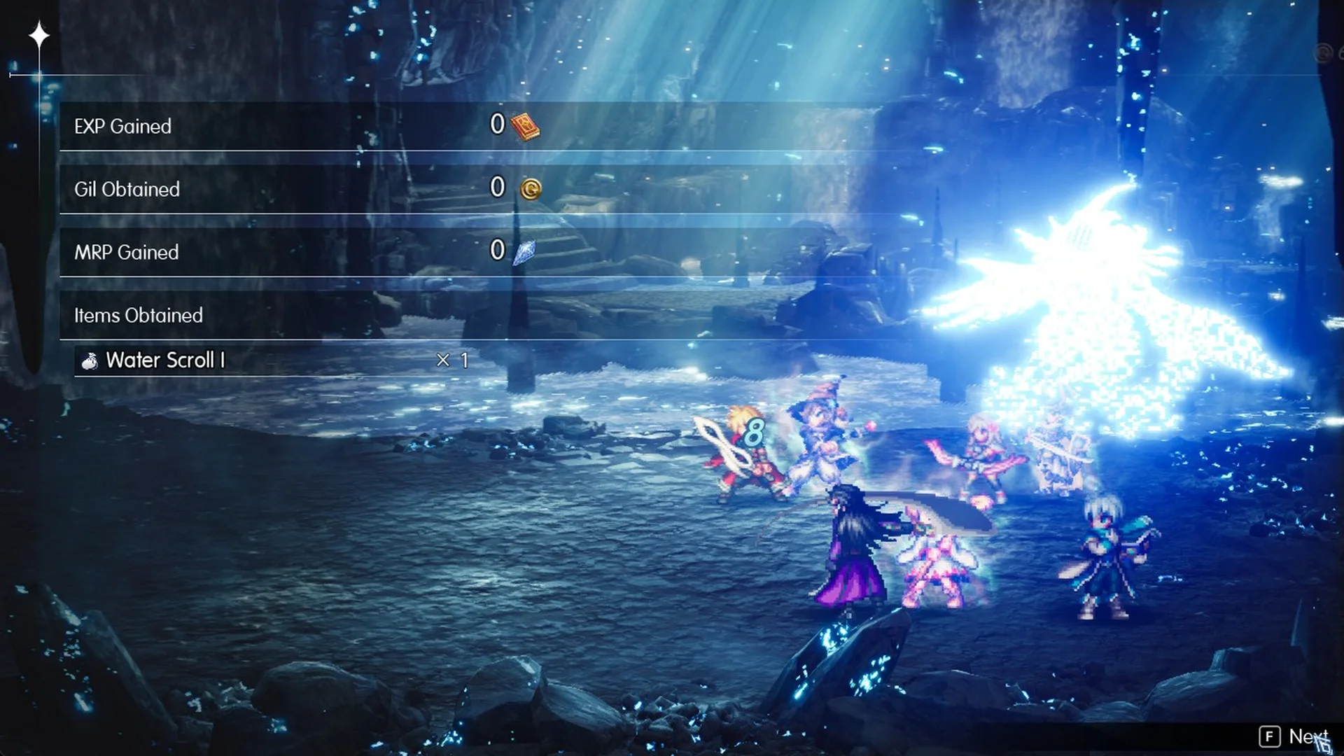 Battle Result: EXP 0, Gil 0, MRP 0, Water Scroll I x1