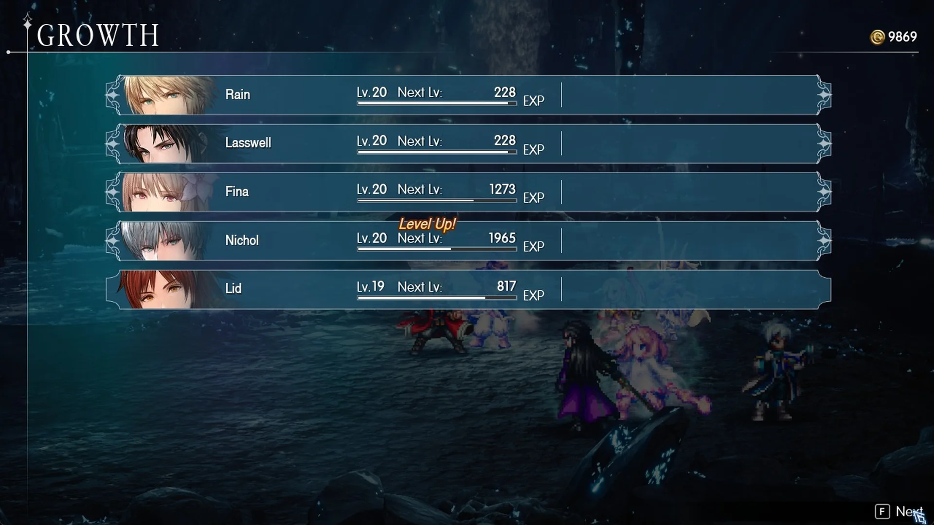Growth screen with Nichol's Level Up! to Lv 20