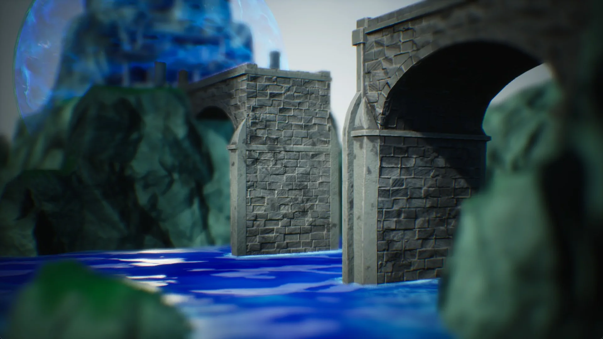 A stone bridge rising from the sea toward the Water Shrine