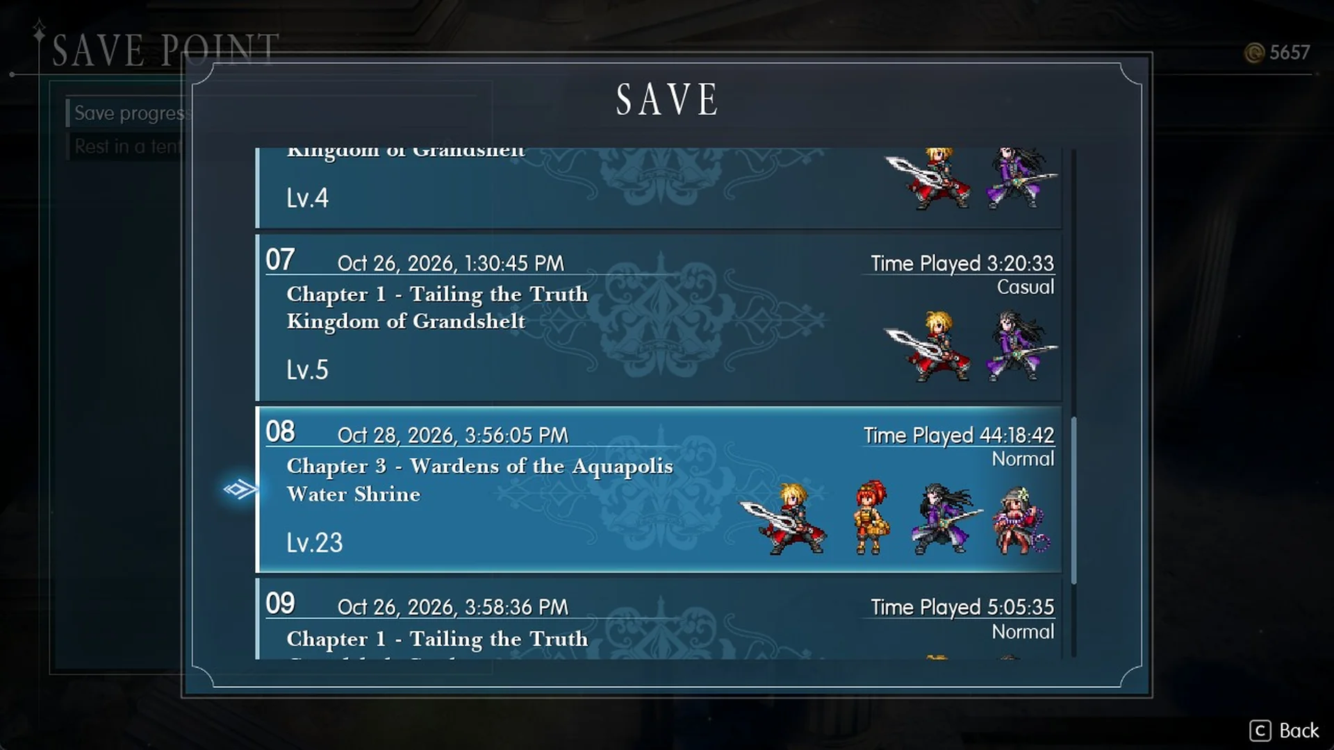 Save list with slot 08: Chapter 3 - Wardens of the Aquapolis, Water Shrine, Lv.23