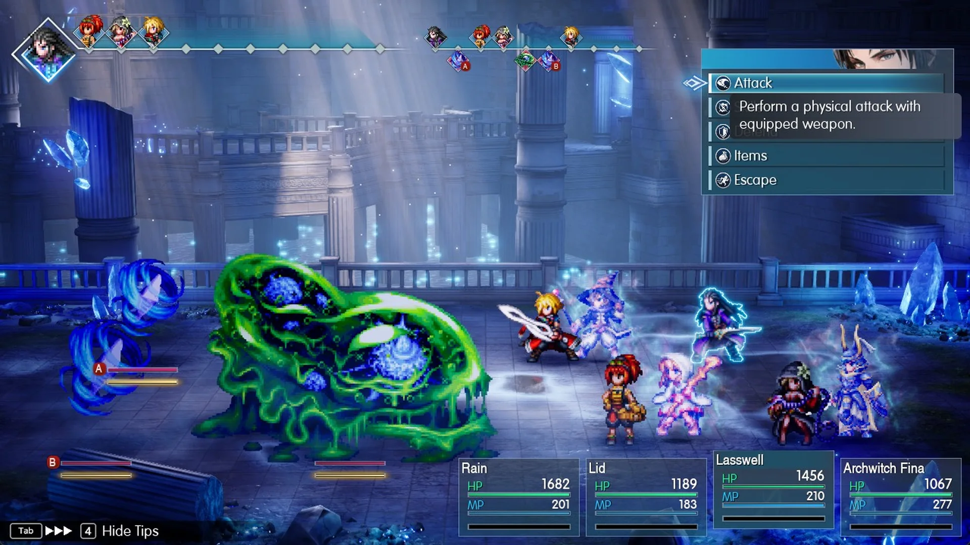 Random battle in the Water Shrine against a green slime and a blue wisp
