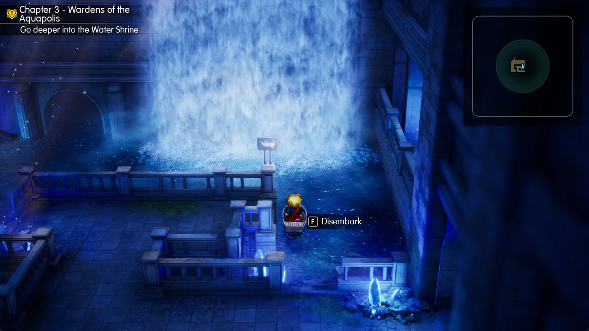 Raft at a landing in the Water Shrine with F Disembark