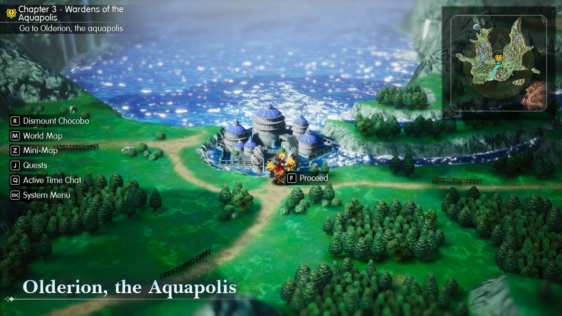 World Map gate with the Olderion, the Aquapolis banner and the F Proceed prompt