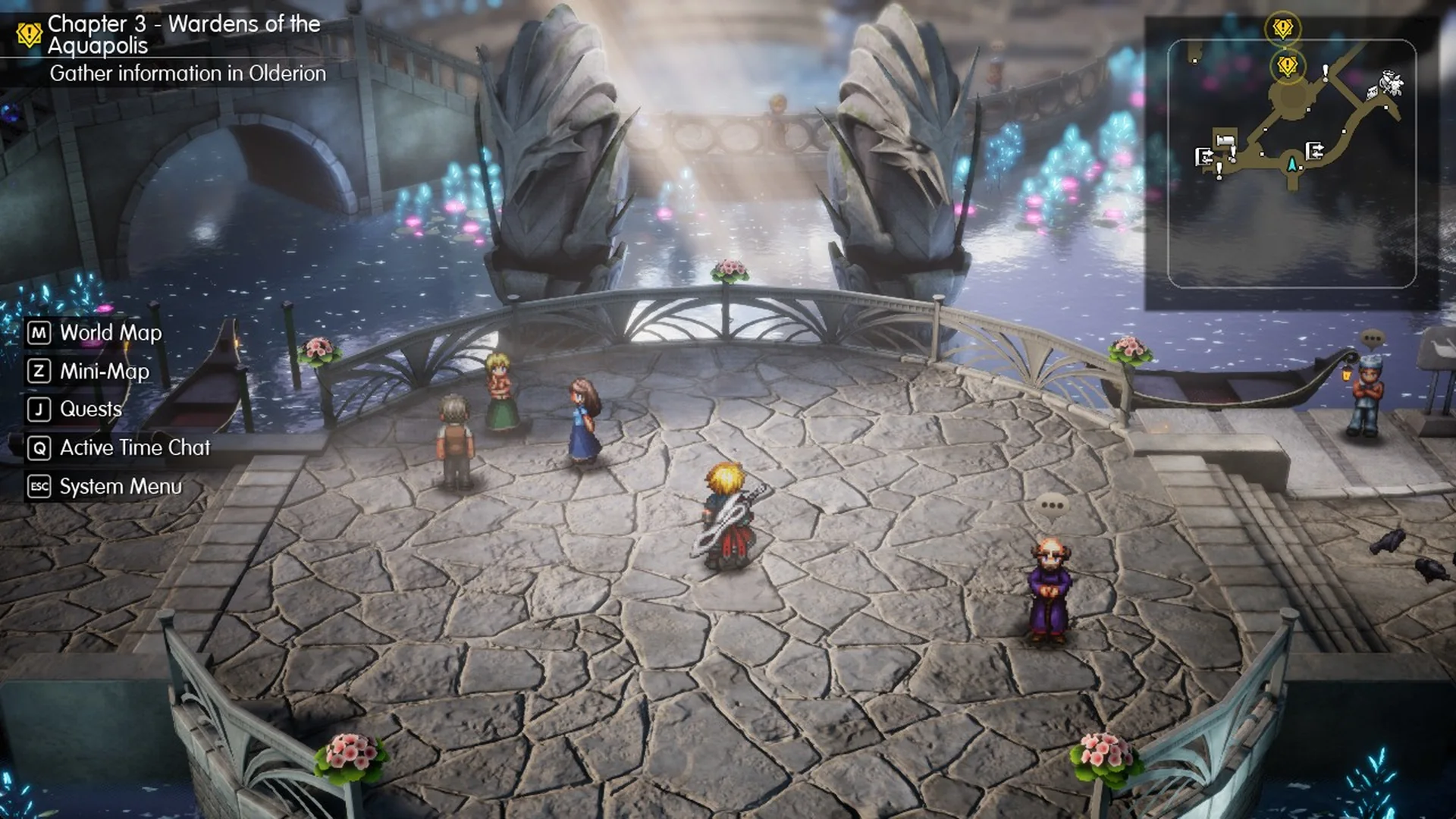 Olderion arrival plaza with the objective Gather information in Olderion