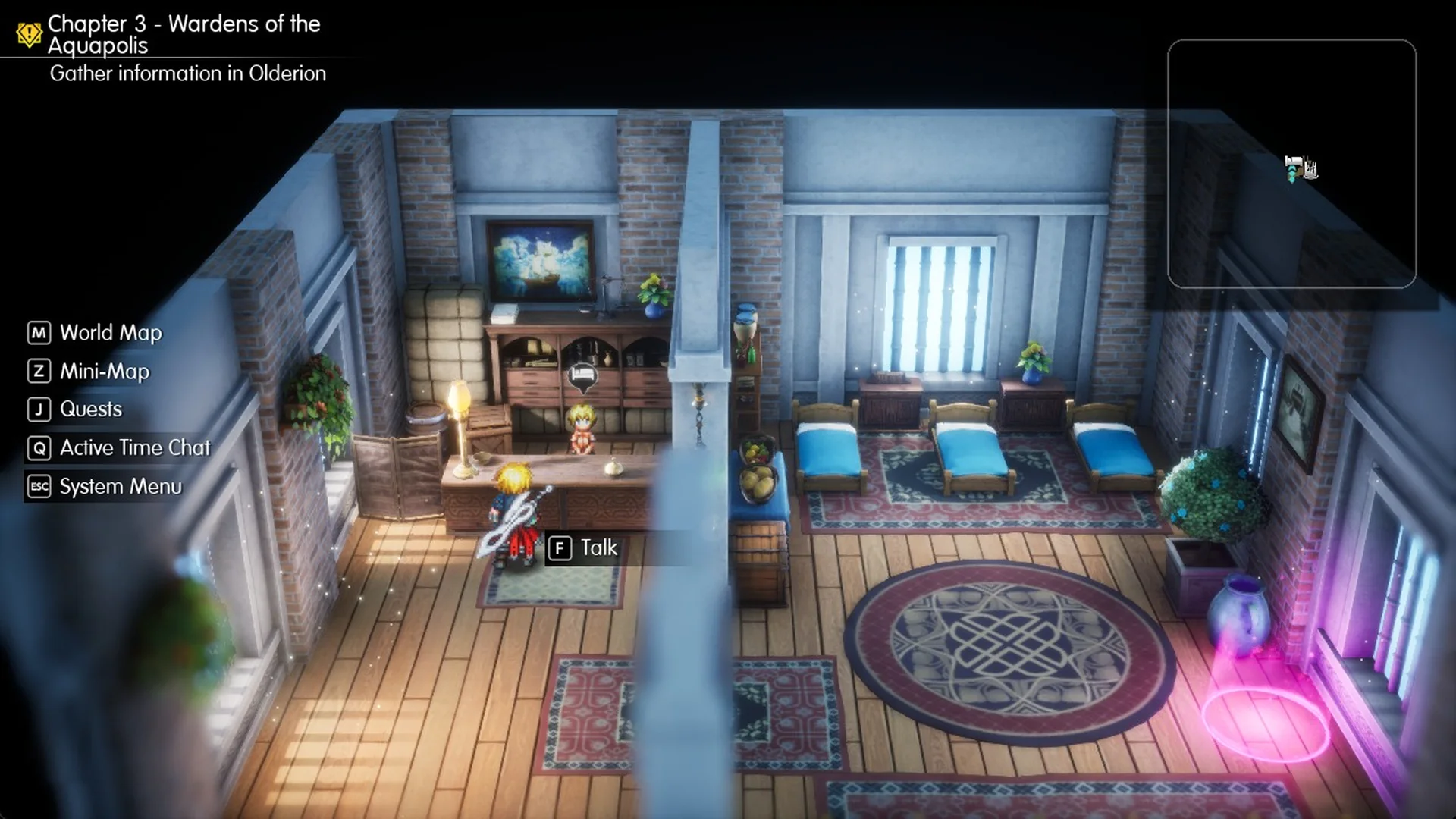 Inside the Olderion inn with the glowing save point circle