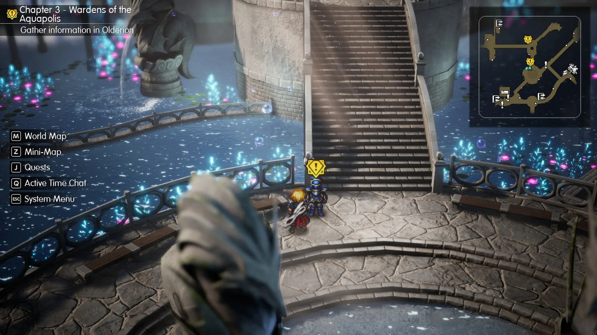 Olderion Soldier with a yellow exclamation mark on the north edge of the central plaza