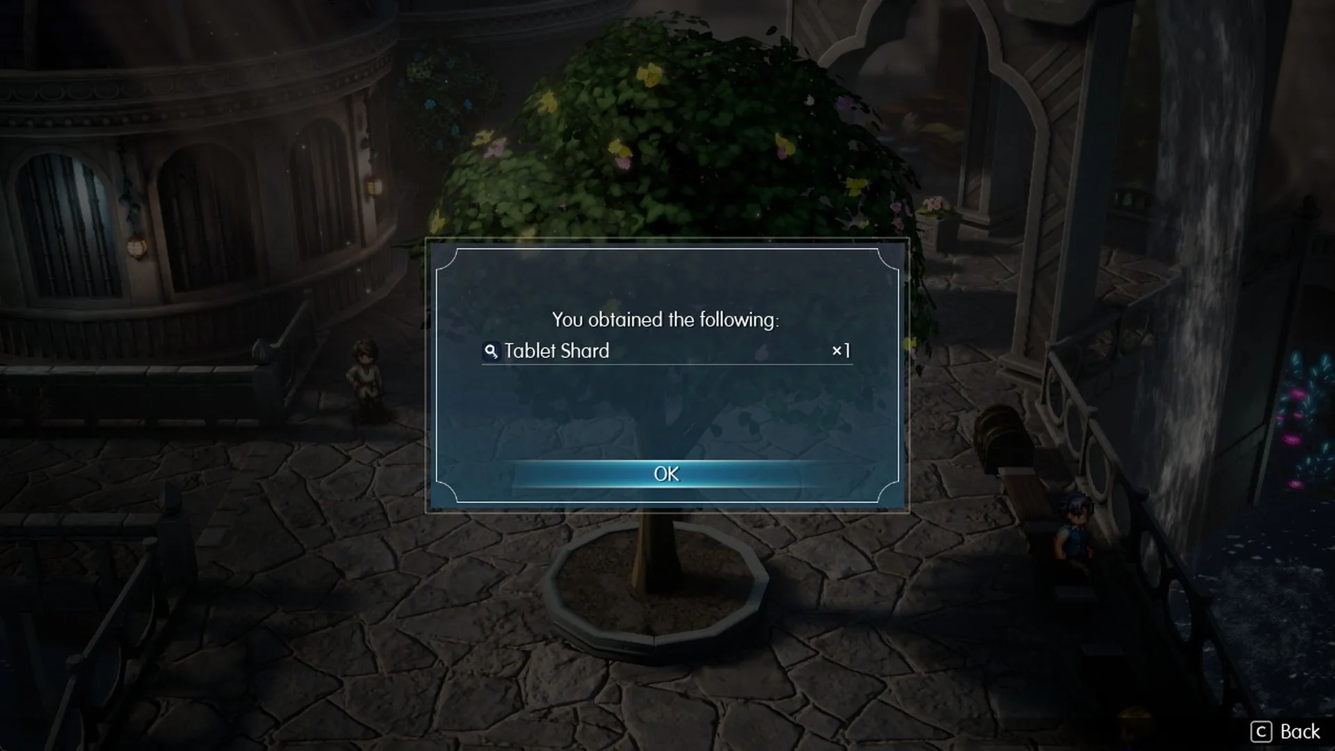 You obtained the following: Tablet Shard x1 under the tree in the north plaza