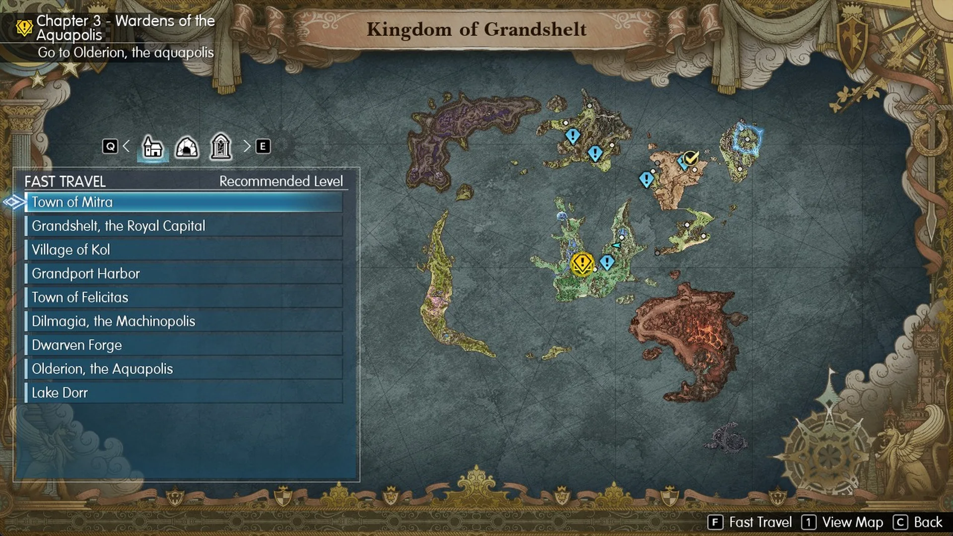 World Map Destination List with Olderion, the Aquapolis
