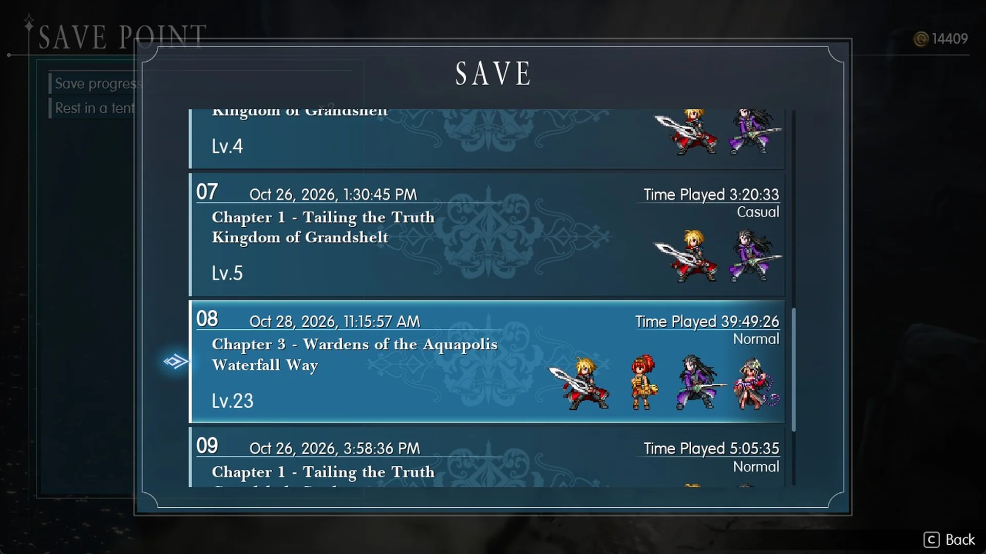 Save slot 08: Chapter 3, Wardens of the Aquapolis, Waterfall Way, Lv.23, Normal