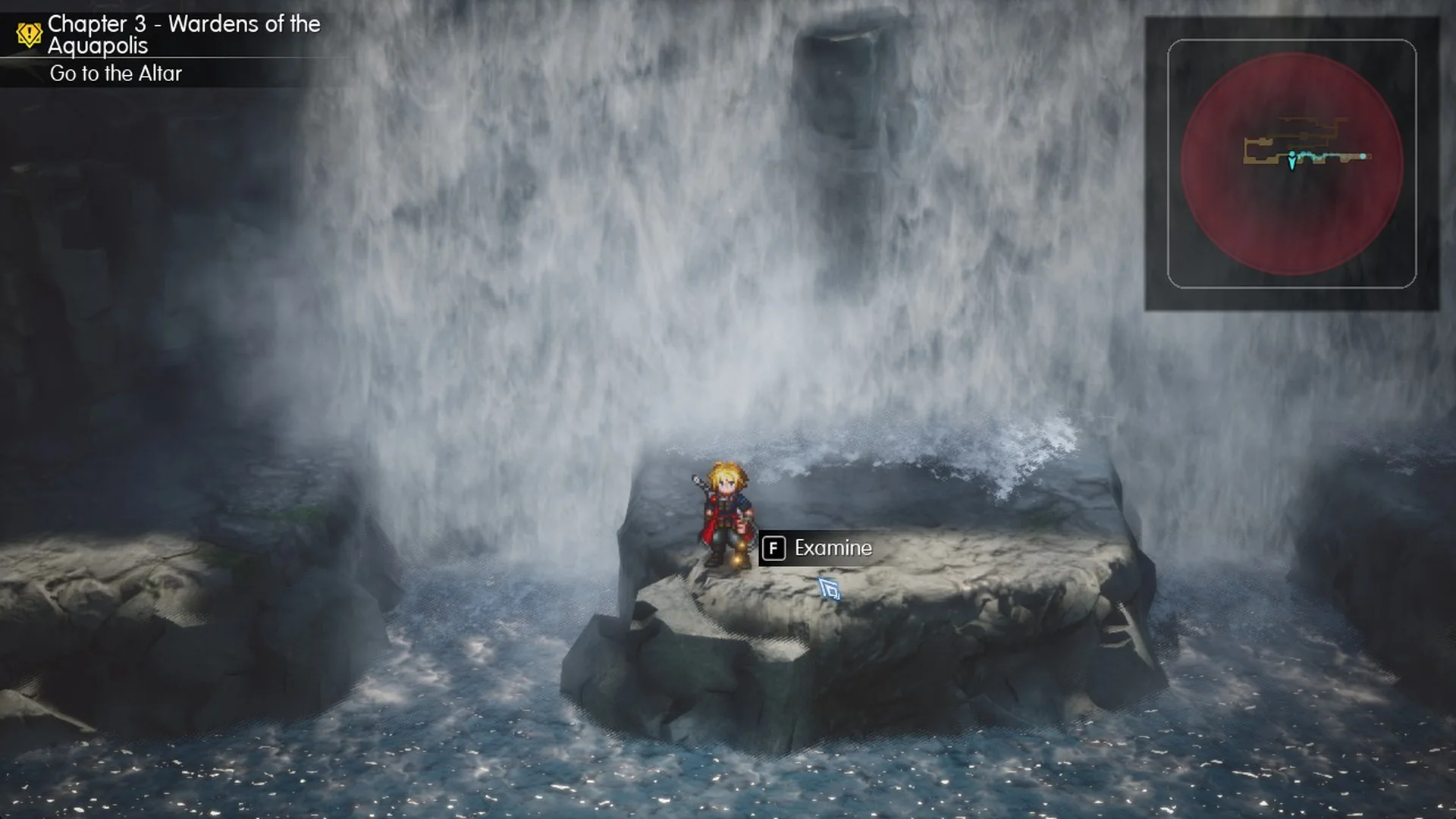 Area 2 1F Tablet Shard on a rock by a waterfall, F Examine