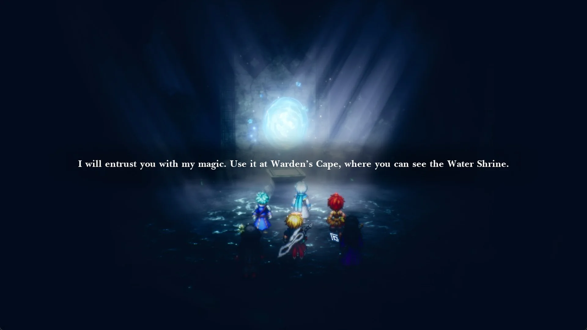 I will entrust you with my magic. Use it at Warden's Cape, where you can see the Water Shrine.