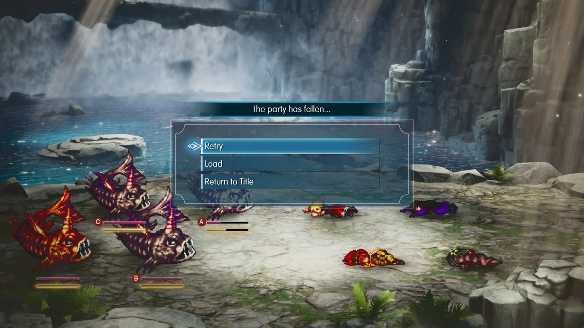 The party has fallen... Retry, Load, Return to Title