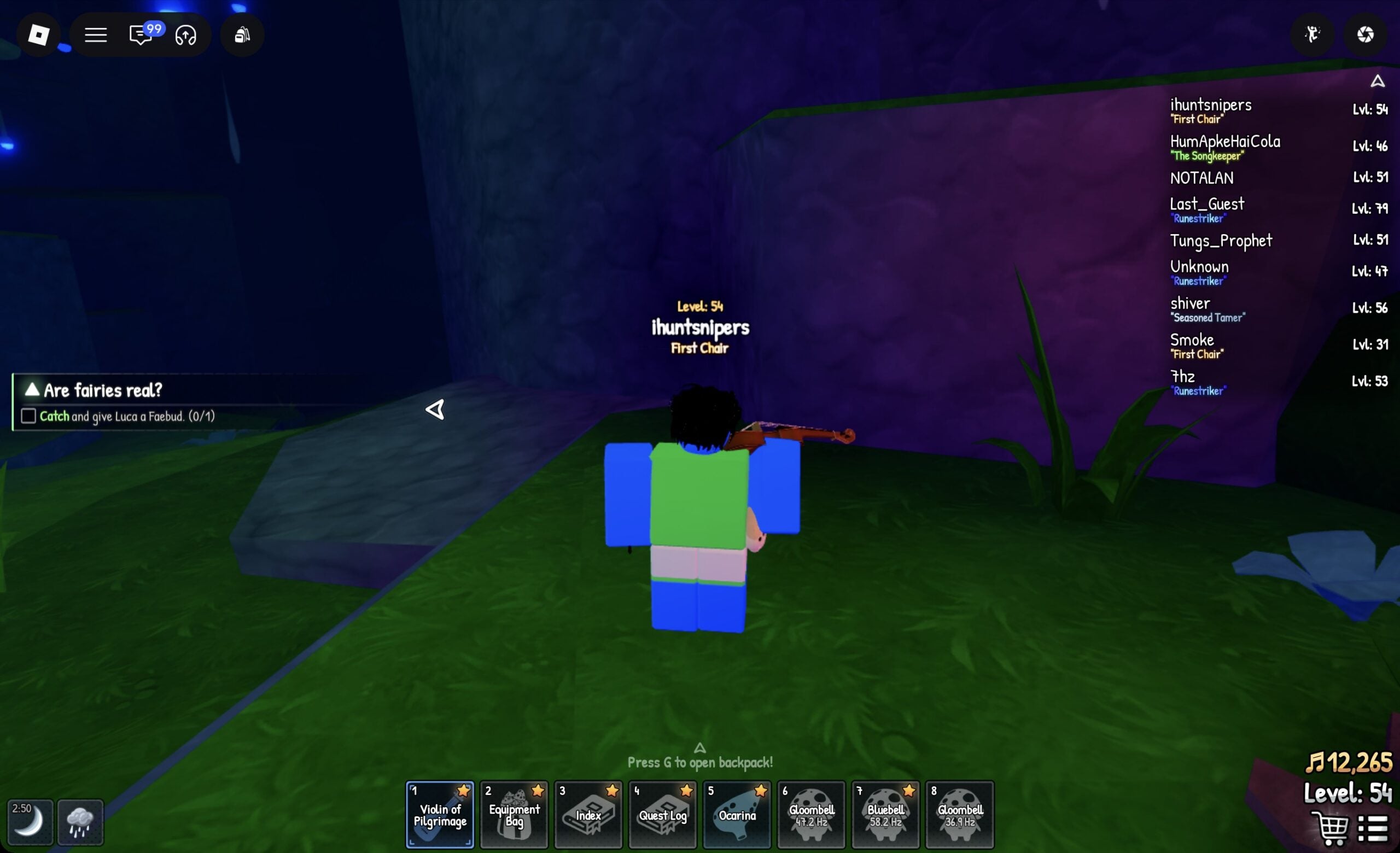 The grass patch by a purple rock wall in Songkeeper's Grove where a Florabella was caught in the rain