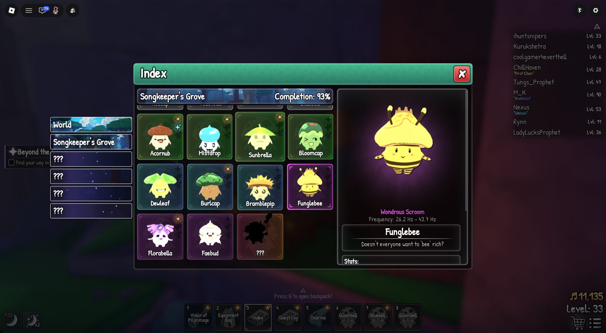 The last row of the Songkeeper's Grove Index: Florabella, Faebud and the Fabled card