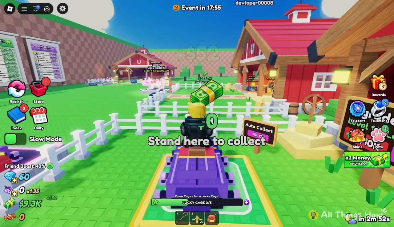 Character standing on the collection platform under the Stand here to collect label