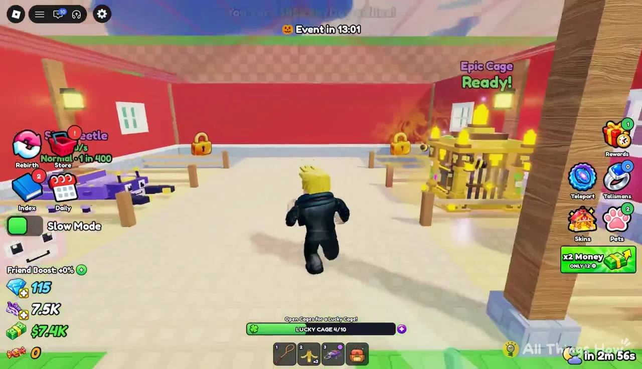 Player running toward a ready Epic Cage in the barn with Lucky Cage progress at 4/10
