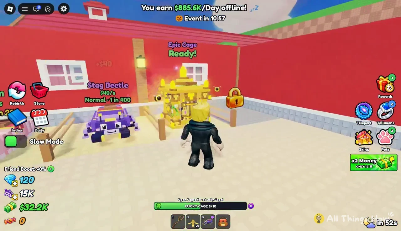 Pet cage area with an Epic Cage marked Ready and Lucky Cage progress at 5/10
