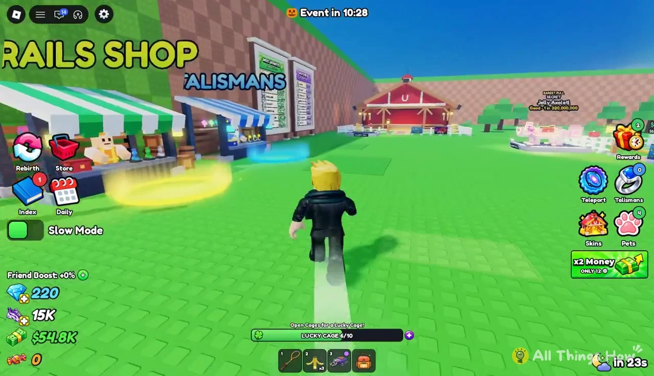 Player running through the shop area by the plot while the Lucky Cage bar shows 6/10