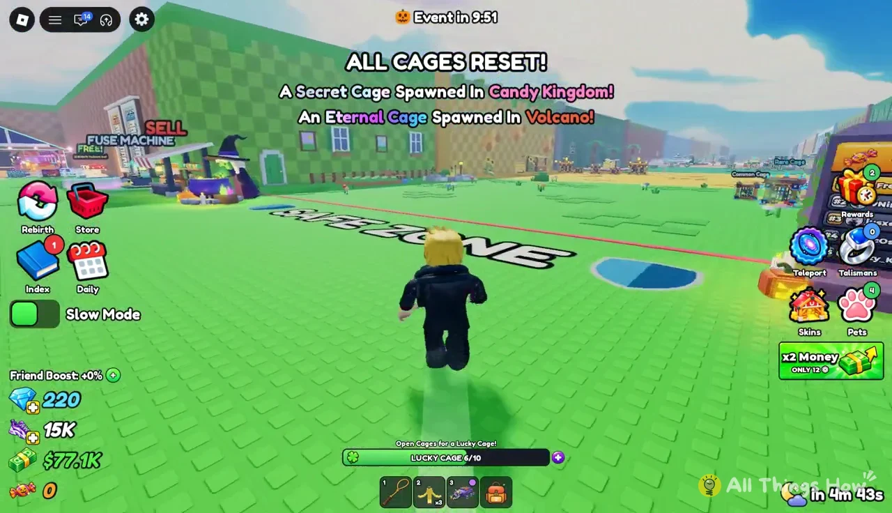 Avatar running across the open field toward the biomes with Lucky Cage progress at 6/10