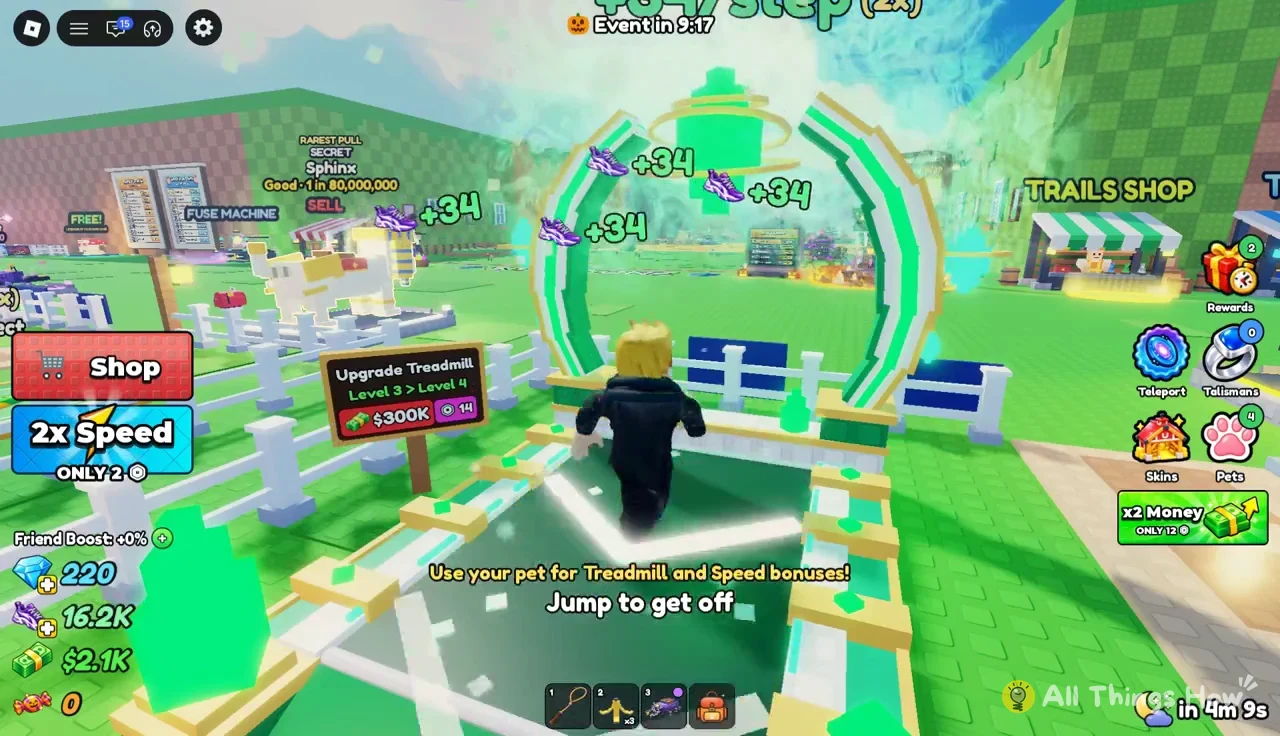 Avatar on the treadmill collecting +34 speed per step with the jump to get off prompt