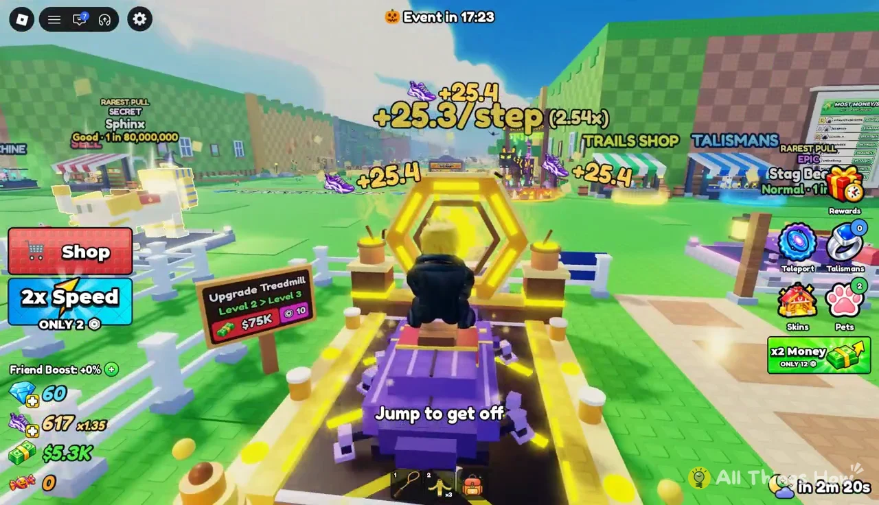 Character running on the treadmill next to the Level 2 to Level 3 upgrade sign with a Jump to get off prompt