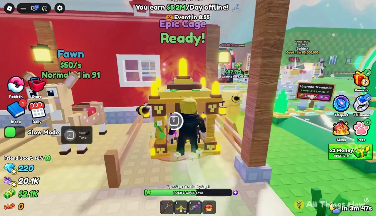 Player pressing E to open a golden Lucky Cage with progress at 6/10