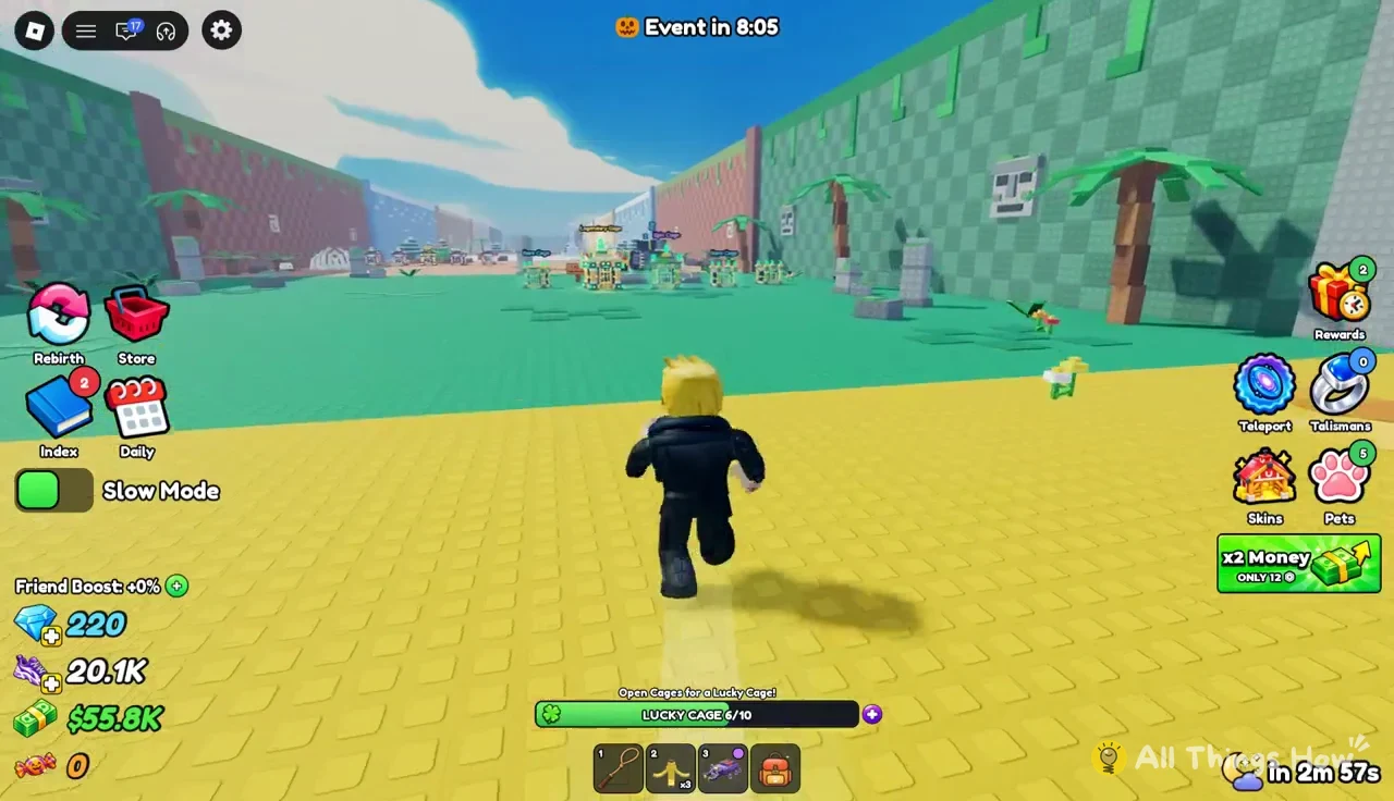 Avatar crossing the arena toward the central area while the Lucky Cage 6/10 bar is shown
