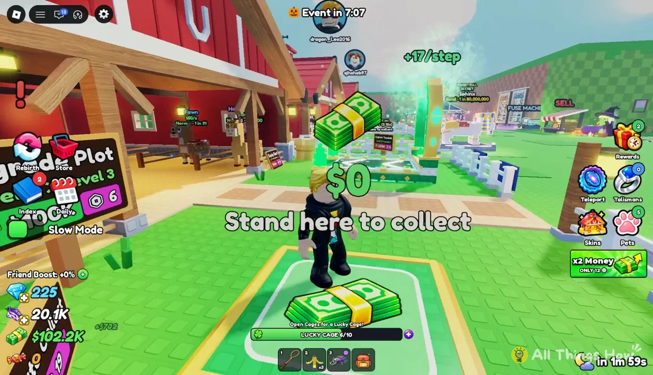 Player on the plot cash pad gathering money from the stacked cash pile