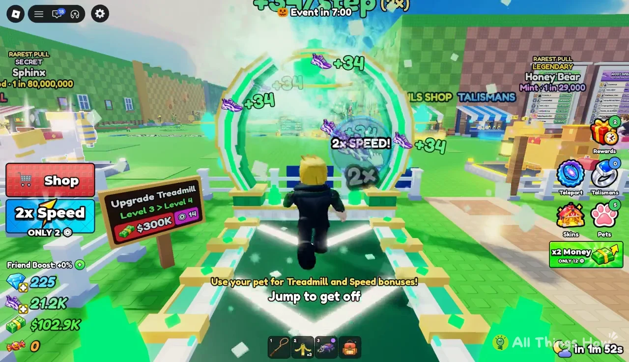 Player running on the treadmill below the Upgrade Treadmill Level 3 to Level 4 sign