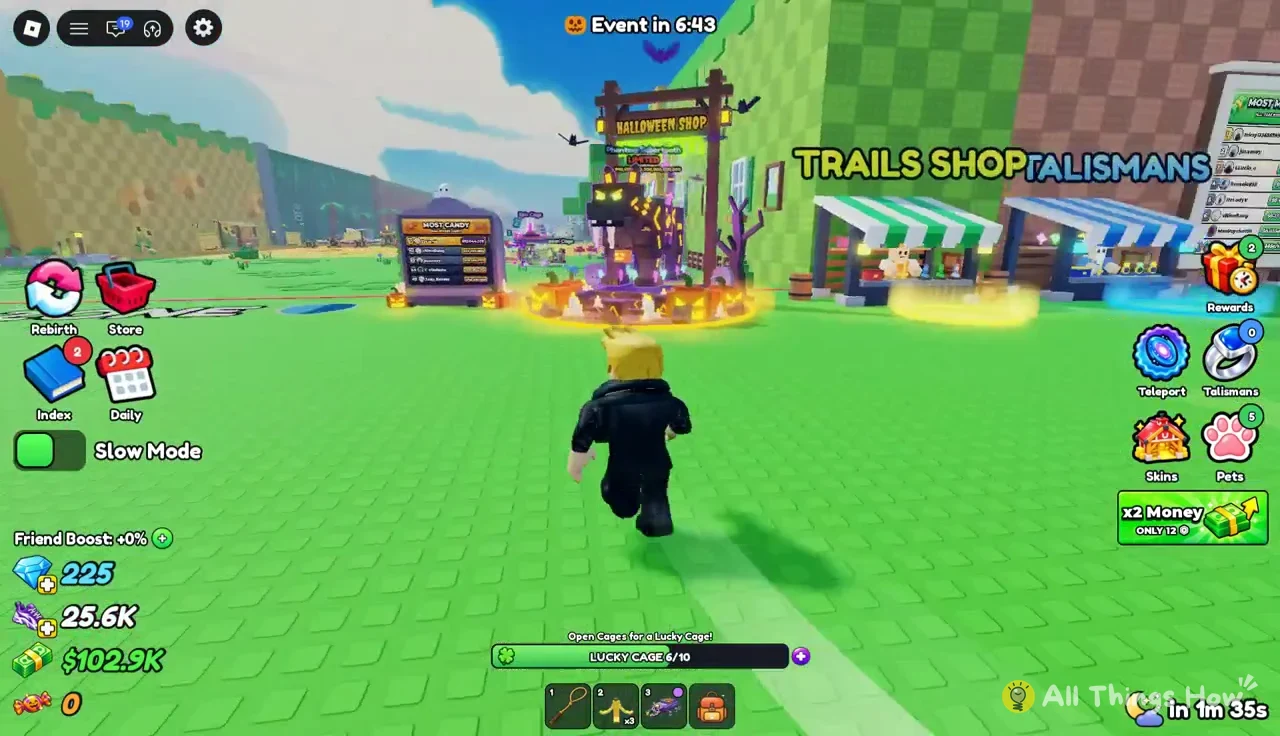 Avatar running through the hub past the Halloween Shop with Lucky Cage progress at 6/10