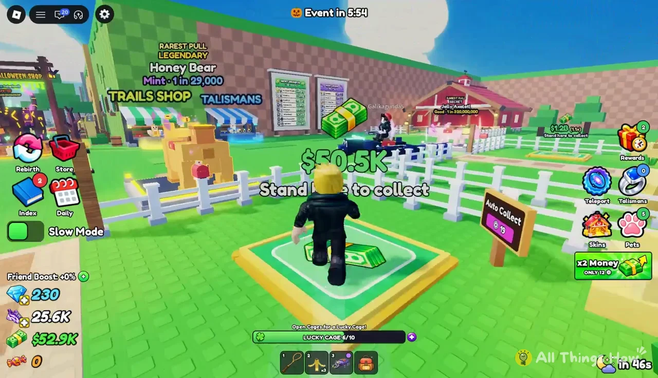 Player standing on the collection pad as $50.5K is collected