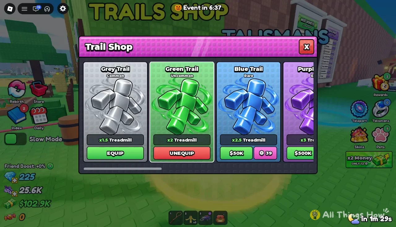 Trail Shop menu with Green Trail equipped and a red UNEQUIP button, other trails and prices listed