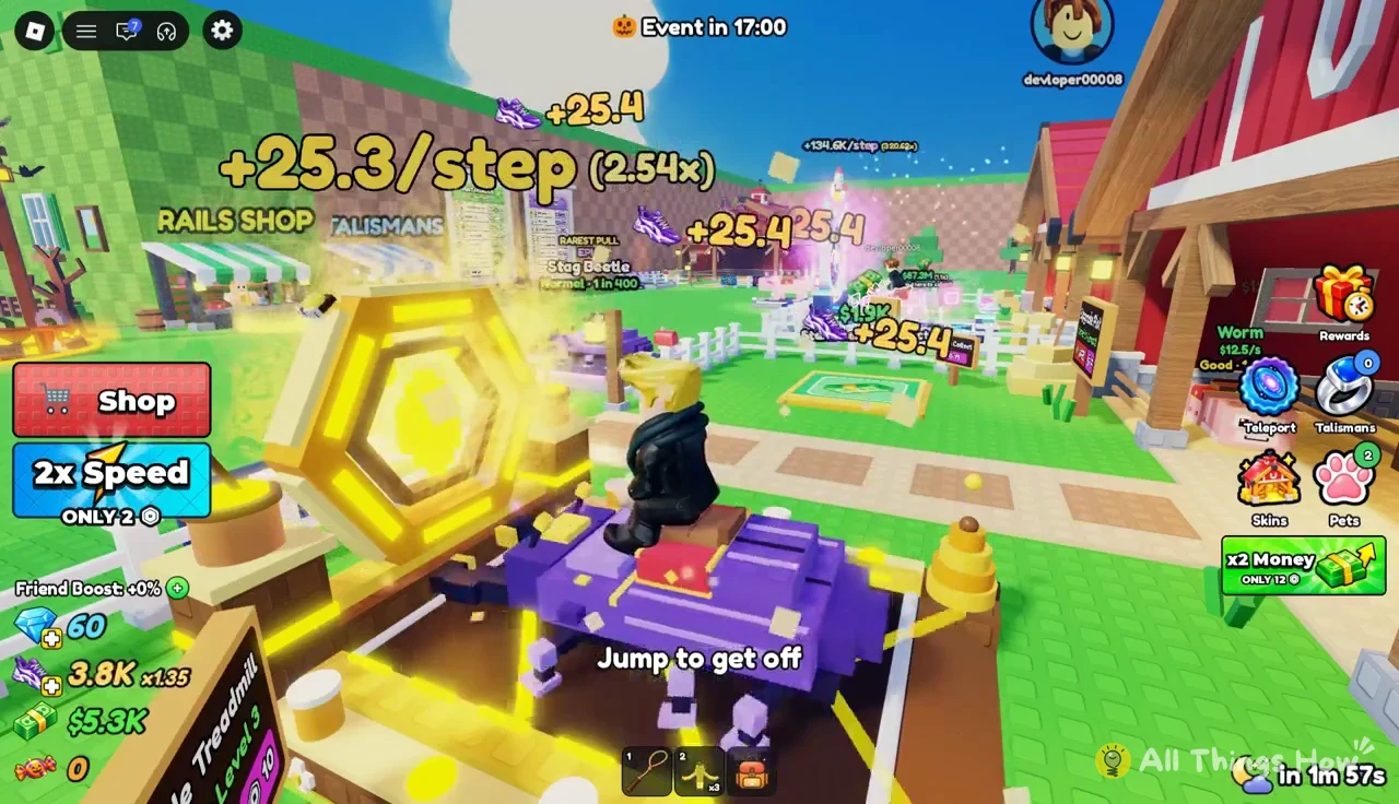 Avatar riding a purple mount beside a shop stall with a Jump to get off prompt