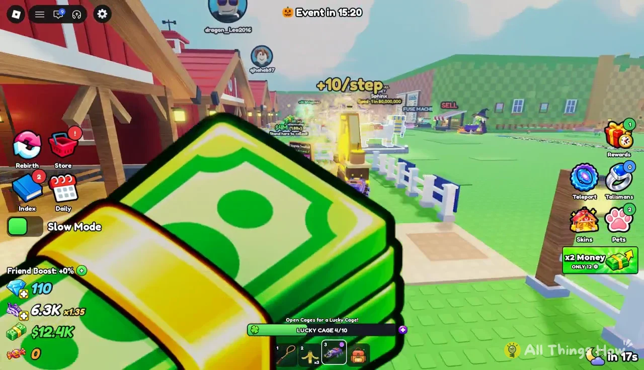 Main game screen with the Lucky Cage 4/10 progress bar while the player moves between cages