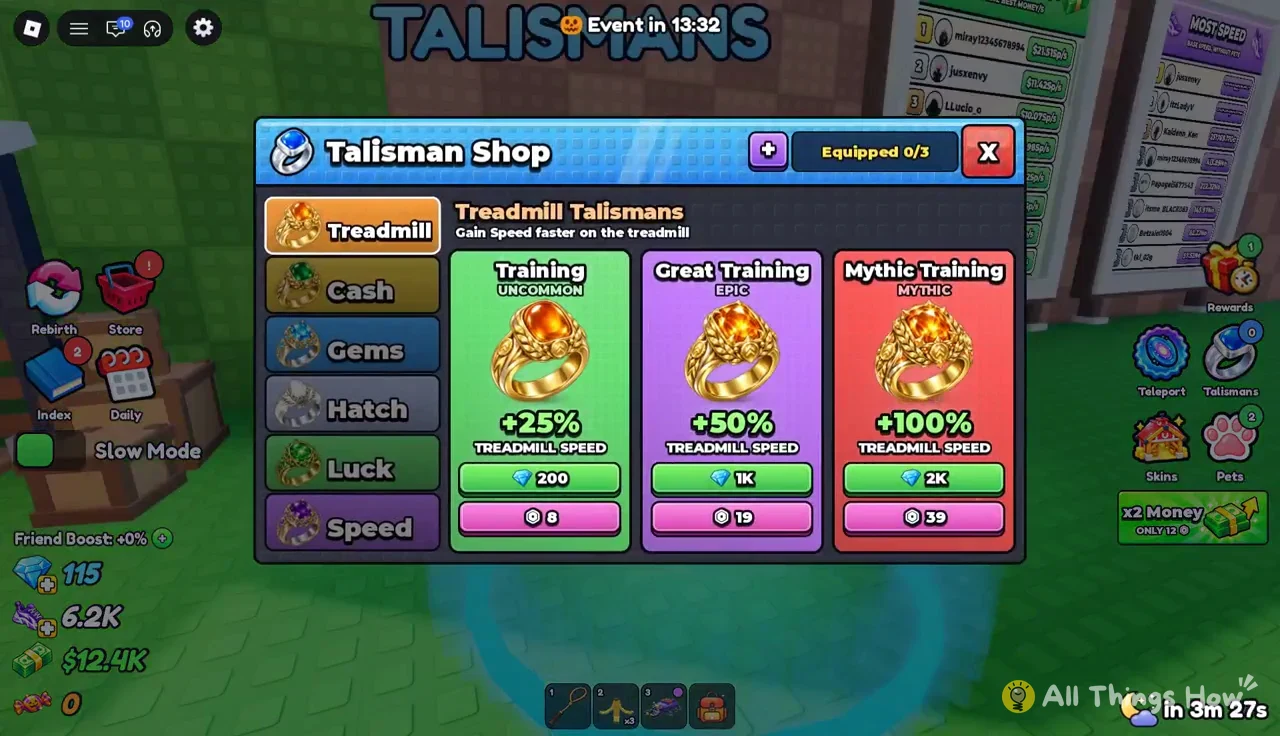 Talisman Shop menu open on the Treadmill tab with treadmill speed talismans listed for purchase