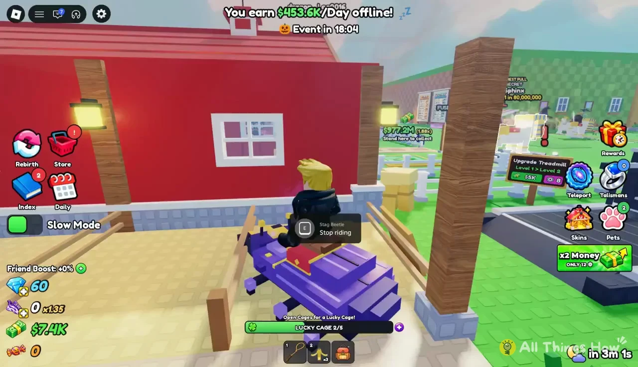 Player riding a purple Stag Beetle with the E Stop riding prompt and Lucky Cage progress at 2/5